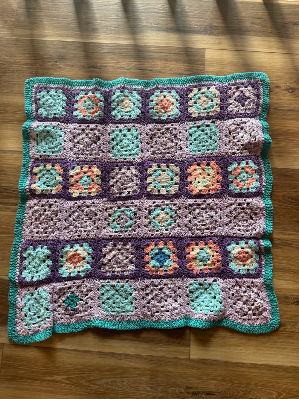 Handmade Crochet Granny Square Blanket - Purple, Teal, Peach